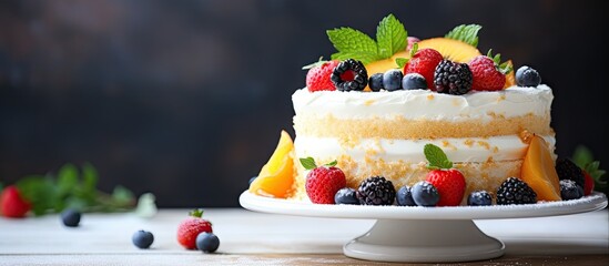 Poster - Cake adorned with fresh fruits sits elegantly on a table, enticing dessert lovers with its delightful presentation