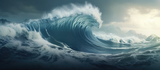 Poster - A stunning close-up of a large wave in the ocean with a beautiful clear sky in the background