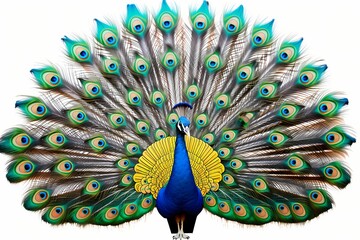 Wall Mural - Regal peacock displaying its vibrant plumage in a breathtaking fan, isolated on white solid background