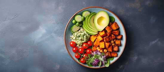 Poster - Colorful array of fresh vegetables and tofu arranged neatly on a vibrant blue tabletop