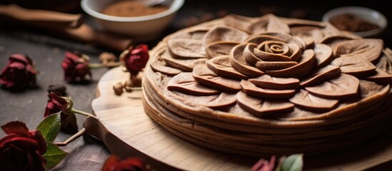 Canvas Print - Indulge in a mouthwatering treat - a decadent cake adorned with luscious chocolate icing, beautifully displayed on a charming wooden plate