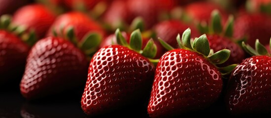 Wall Mural - Group of ripe strawberries arranged closely together on a wooden table surface