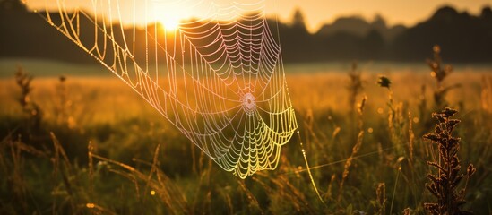 Sticker - Sunlight glistening on a spider web woven in a field as the sun sets in the background