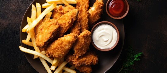 Wall Mural - Crispy, breaded chicken strips served with golden french fries and a side of ketchup on a white plate