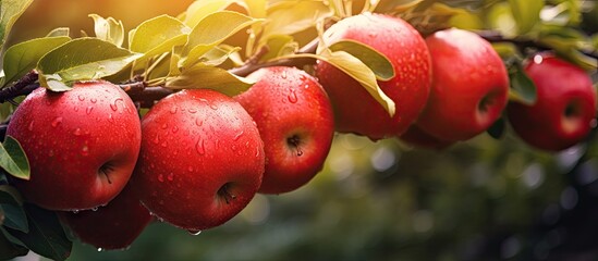 Poster - Apples with water droplets hanging from a tree branches, fresh and glistening in the sunlight