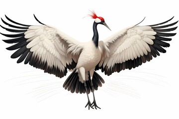 Wall Mural - Regal red-crowned crane spreading its wings in an elegant display, isolated on white solid background
