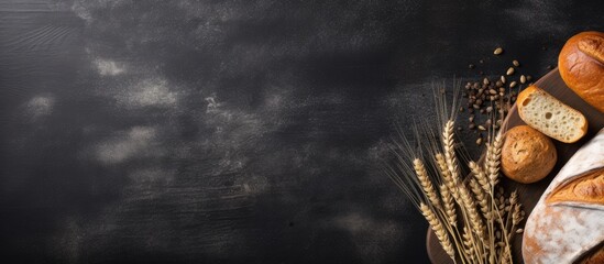 Poster - A close-up view of a freshly baked loaf of bread and scattered grains on a black surface