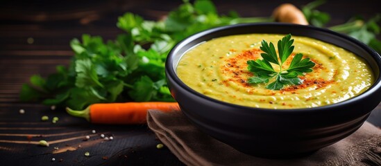 Wall Mural - Delicious and creamy soup made from a blend of zucchini and carrot, topped with fresh slices of carrot and parsley