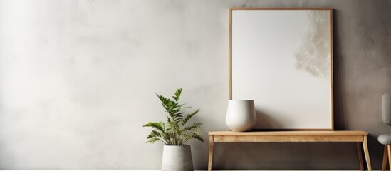 Canvas Print - White vase placed on rustic wooden table beside a reflective mirror