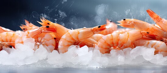 Sticker - Many shrimps sitting on ice in a body of water, their cold environment preserving their freshness and quality.