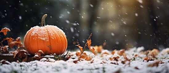 Canvas Print - A pumpkin placed on top of a ground covered in snow, showcasing the contrast of autumn and winter elements