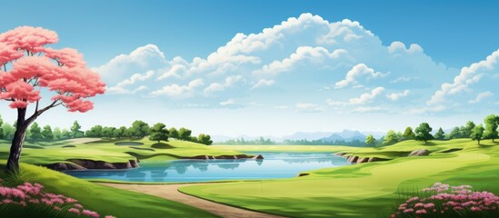 Poster - The tranquil pond is nestled among vibrant green trees in a picturesque natural setting