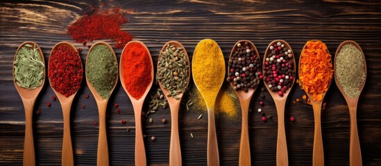 Poster - Wooden spoons neatly arranged in a row, each filled with a different variety of aromatic spices and seasonings