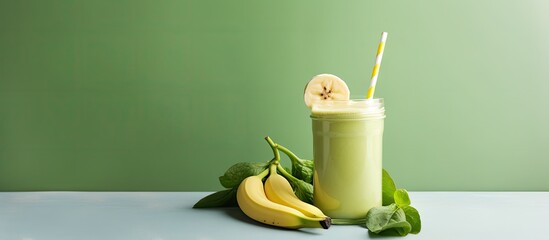 Poster - Close-up image showcasing a healthy green banana and spinach smoothie served with a straw for a refreshing drink