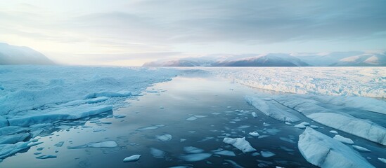 Poster - The view shows a frozen lake covered with a layer of ice and snow during winter