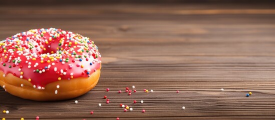 Sticker - On a rustic wooden table, a tasty donut is adorned with colorful sprinkles