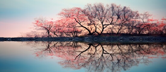 Poster - Sunset casts reflections of trees in tranquil lake waters, creating a serene and picturesque scene