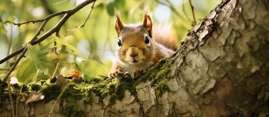 Wall Mural - Squirrel resting peacefully on a sturdy tree branch, its fluffy tail curling around it