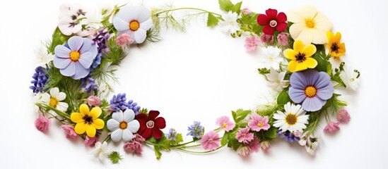 Wall Mural - Wreath made of flowers placed on a surface that is white in color