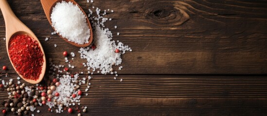 Wall Mural - Wooden spoon holding salt and pepper placed next to a stack of salt grains