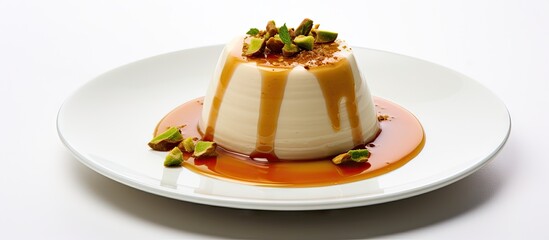 Canvas Print - Plate showcasing a dessert topped with caramel sauce and nuts, a tempting treat for dessert lovers