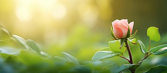 Wall Mural - A delicate pink rose elegantly flourishing among lush green grass in soft natural light