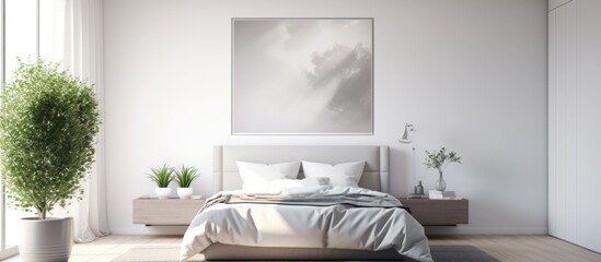 Wall Mural - Simple bedroom setup featuring a comfortable bed, nightstand, and a potted plant