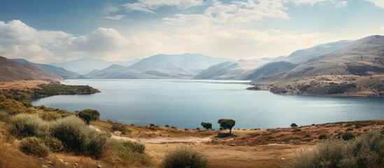 Poster - Scenic view of a tranquil lake surrounded by majestic mountains and lush trees