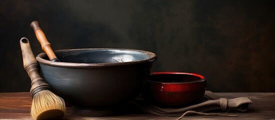 Canvas Print - A table displaying a wooden bowl beside a wooden spoon