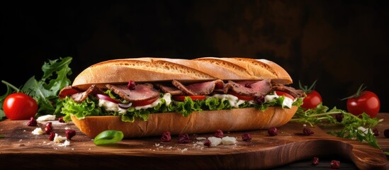 Sticker - Delicious sandwich on baguette with roast beef, soft cheese, tomatoes, and green salad leaves arranged on a wooden cutting board