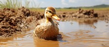 Among The Wet Earth And Water, A Duck Calmly Settles, Blending Into The Mud Around.
