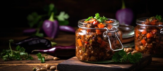 Wall Mural - Freshly chopped vegetables in a jar placed on a wooden cutting board