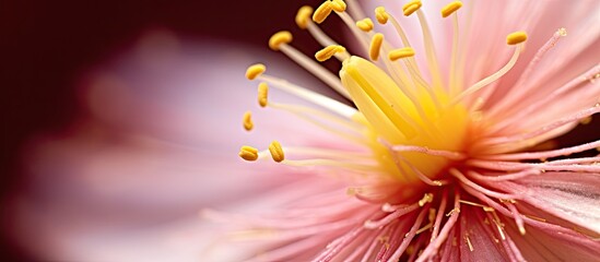 Sticker - Delicate macro shot showcasing pink flower's brown yellow stamens in detail