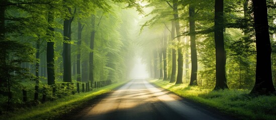 Poster - Lush forest scenery with a winding road lined with tall trees and grass