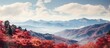 A scenic landscape showing mountains in the distance adorned with red leaves under a sky with a few clouds