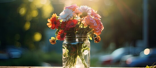 Poster - Vase containing a bouquet of colorful flowers placed elegantly on a wooden table, adding a touch of nature indoors.