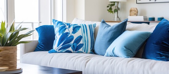 Wall Mural - White couch adorned with blue pillows and a potted plant for a cozy living room setting