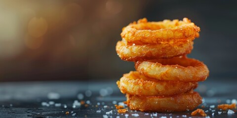 Wall Mural - A stack of fried onion rings on a table. The rings are golden brown and appear to be seasoned with salt. Concept of indulgence and comfort