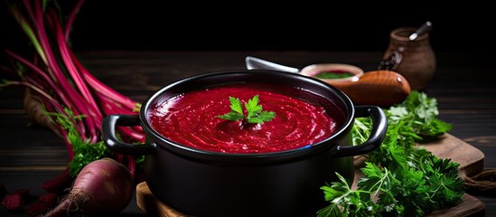 Wall Mural - Steam rising from a hearty pot of soup filled with colorful, fresh vegetables and a ladle resting beside it