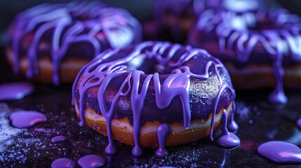 Poster - Purple frosted donuts with icing on a black surface