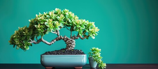 Sticker - Small bonsai tree in blue pot alongside two tiny green plants, creating a serene display