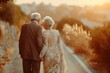 A senior couple in formal wear walks hand in hand, basking in the warm glow of a sunset on a quiet street.