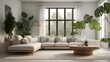 Minimalist modern living room interior with large windows and house plants