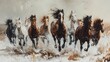 portrait oil painting features  a group of  majestic  horses galloping in the row, luxury vintage moody farmhouse wall art, digital art print, wallpaper, background