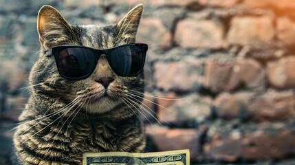 cute cat wearing glasses holding money money growth Business marketing financial fredo