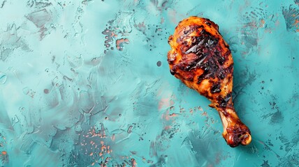 Wall Mural - Grilled chicken leg with crispy skin on blue textured surface splashes