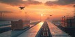 A drone flies over a city with a sunset in the background. The sky is filled with clouds, and the sun is setting, casting a warm glow over the city. The drones are flying low