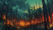 Animated depiction of Earth's natural beauty marred by scars of deforestation, mining, and urban sprawl, all ablaze,