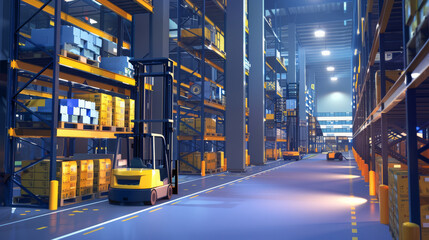 Canvas Print - Animated depiction of a multi-level warehouse optimized by AI forklifts for vertical storage solutions,