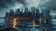 Animation showing the gradual envelopment of a bright, bustling coastal city by rising dark waters,